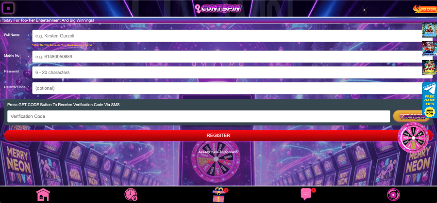 Registration screen at Cuntspin casino with SMS verification