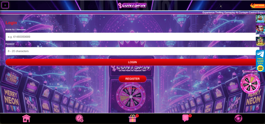 Cuntspin casino login screen with mobile number and password form